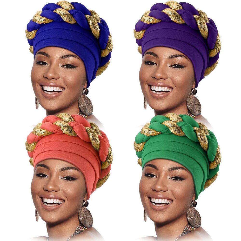 3903 4 Pcs African Turban Head Wrap for Black Braid Beanie Stretchy Elastic
